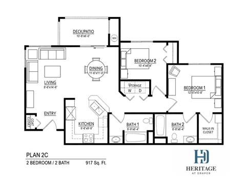 Floor plan for 2 beds, 2 baths, 917 sqft